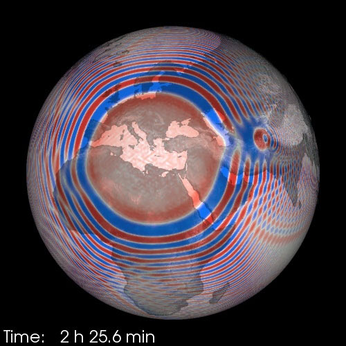 Simulated earthquake near Crete: The propagation of earthquake waves across the globe